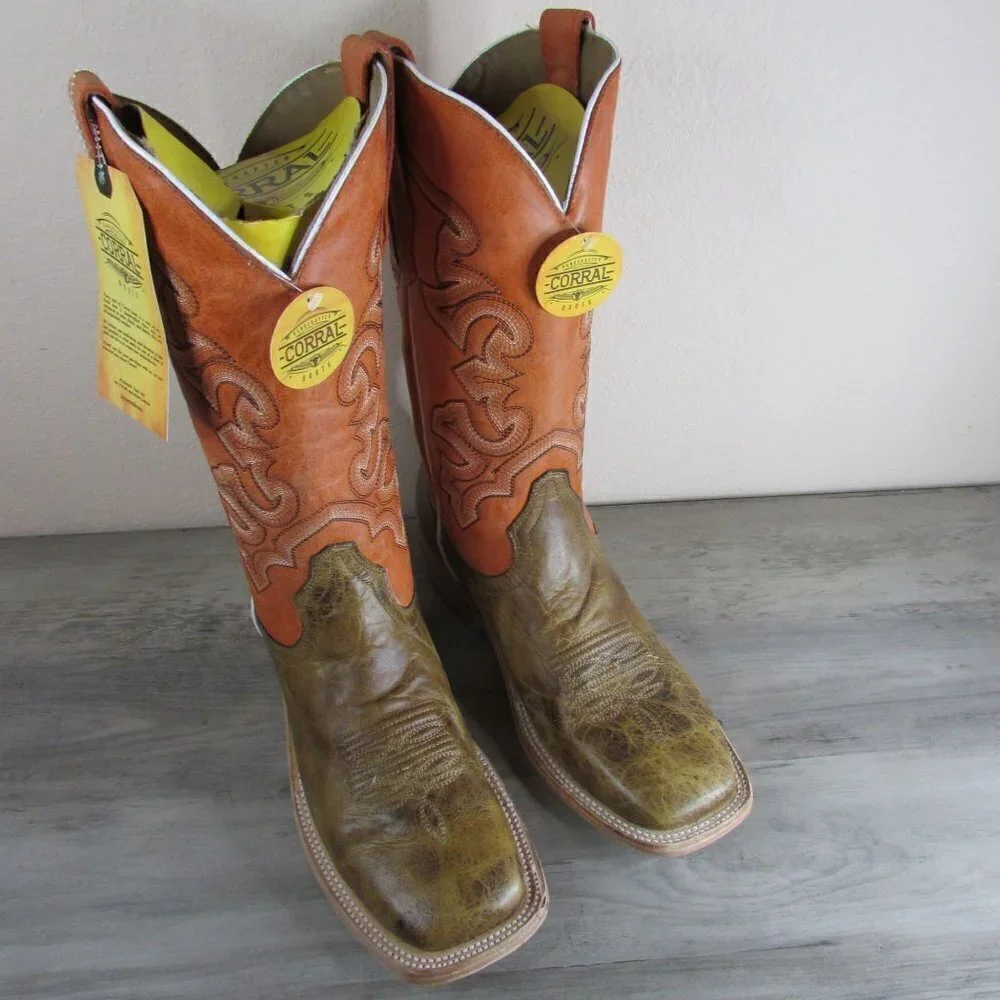 Corral Boots Men's Embroidery Square Toe Western Boots Sand/Orange A4228